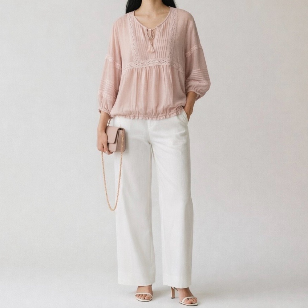 Forever 21 Pink Bohemian Blouse Lace Peasant Top Cottagecore Festival Medium